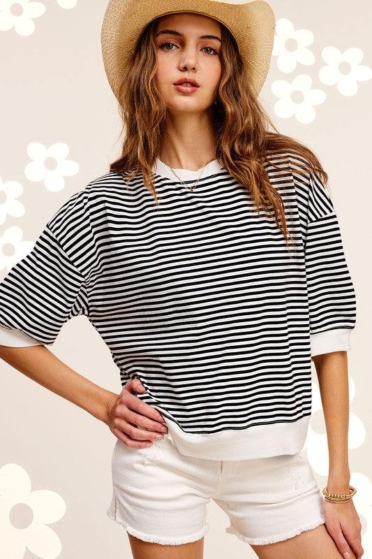 Crew Neck Stripe Short Sleeve TopIntroducing our Crew Neck Stripe Short Sleeve Top, a timeless and versatile piece for your wardrobe. This classic crew neck top features a staple striped print, addi