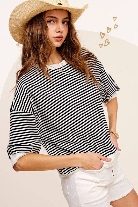 Crew Neck Stripe Short Sleeve TopIntroducing our Crew Neck Stripe Short Sleeve Top, a timeless and versatile piece for your wardrobe. This classic crew neck top features a staple striped print, addi