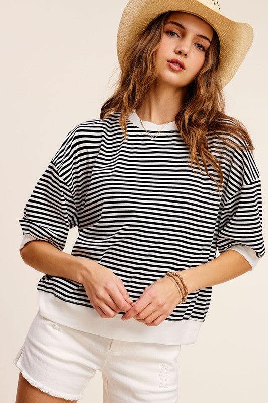 Crew Neck Stripe Short Sleeve TopIntroducing our Crew Neck Stripe Short Sleeve Top, a timeless and versatile piece for your wardrobe. This classic crew neck top features a staple striped print, addi