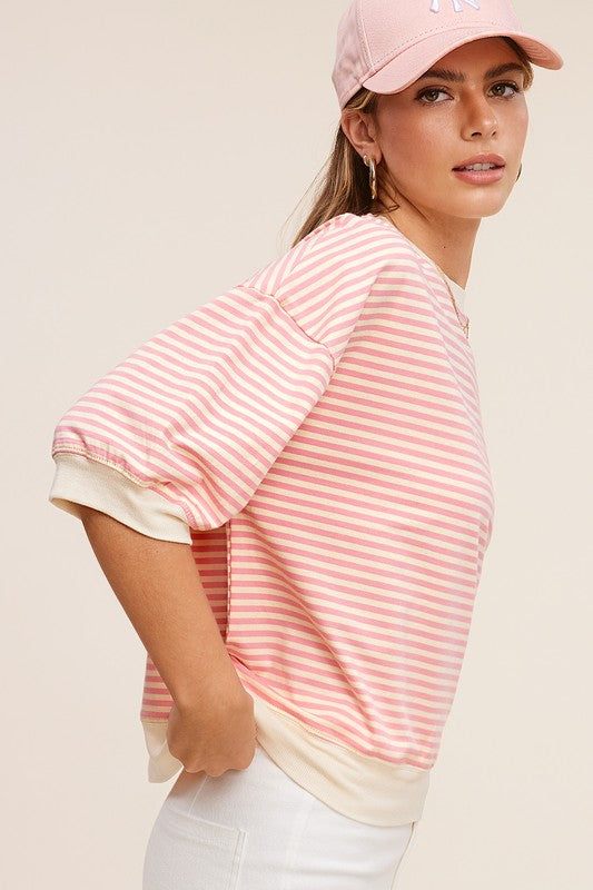 Crew Neck Stripe Short Sleeve TopIntroducing our Crew Neck Stripe Short Sleeve Top, a timeless and versatile piece for your wardrobe. This classic crew neck top features a staple striped print, addi