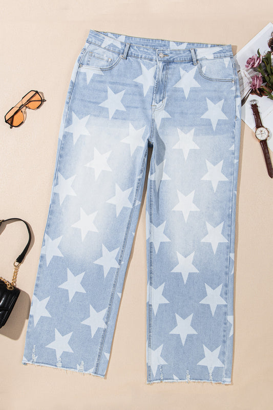 Beau Blue High Waist Star Pattern Plus Size JeansMaterial:75%Cotton+23%Polyester+2%Elastane



		These jeans offer a stylish style for a variety of body types.
	
	
		The high waist design flatters the figure a