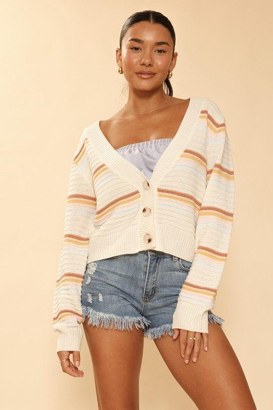 Retro stripe cropped knit cardigan*Exclusive In-House Design*-Retro stripes-Button front-V neckline-Cropped-All original designMade In: China