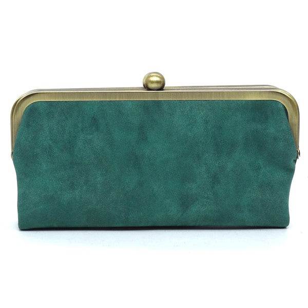 Fashion Kiss Lock Clutch WalletFashion Kiss Lock Clutch Wallet Faux vegan leather Two top frame compartments and is finished with a clasp closure. Lining features three card slots, a zip pocket an