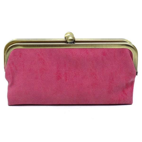 Fashion Kiss Lock Clutch WalletFashion Kiss Lock Clutch Wallet Faux vegan leather Two top frame compartments and is finished with a clasp closure. Lining features three card slots, a zip pocket an