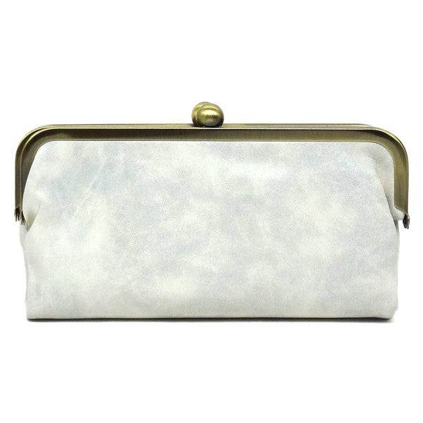 Fashion Kiss Lock Clutch WalletFashion Kiss Lock Clutch Wallet Faux vegan leather Two top frame compartments and is finished with a clasp closure. Lining features three card slots, a zip pocket an