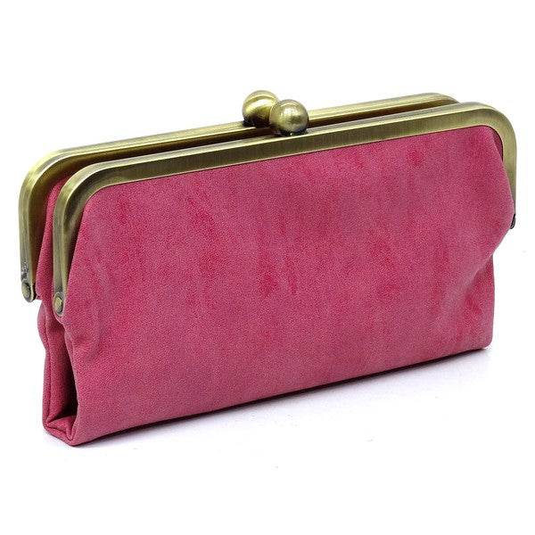 Fashion Kiss Lock Clutch WalletFashion Kiss Lock Clutch Wallet Faux vegan leather Two top frame compartments and is finished with a clasp closure. Lining features three card slots, a zip pocket an