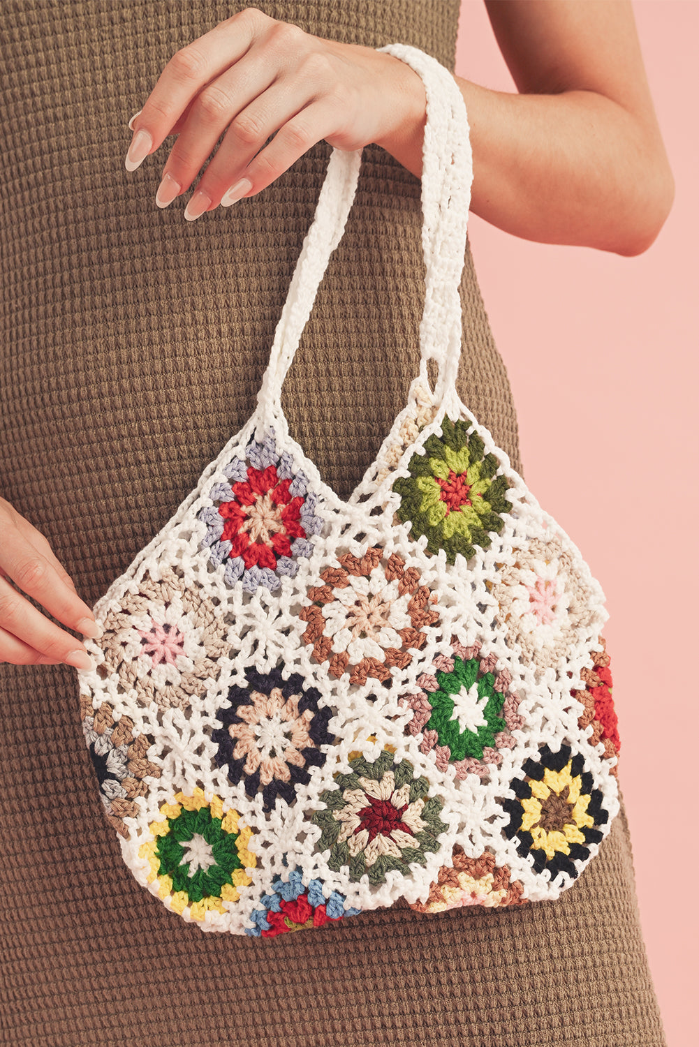 White Boho Floral Crochet Retro Hollowed Tote Bag