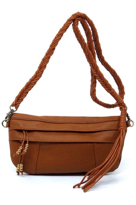 Braided Tassel Strap Crossbody BagBraided Tassel Strap Crossbody Bag Faux vegan leather Zip top closure Antique Gold-tone hardware Detachable shoulder strap L 11 * H 6 * W 1.5 (19 D)