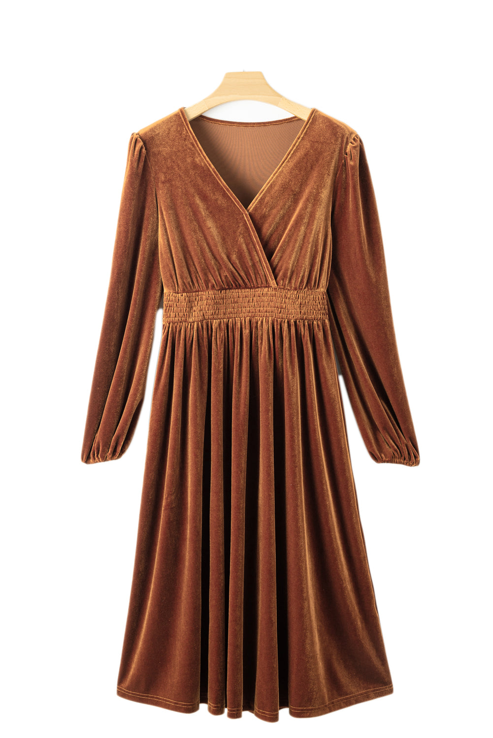 Camel Wrap V Neck Smocked High Waist Velvet Midi DressMaterial:95%POLYESTER+5%ELASTANE



		The midi dress is an elegant and luxurious dress that exudes sophistication. It features a wrap-style bodice with a V-necklin