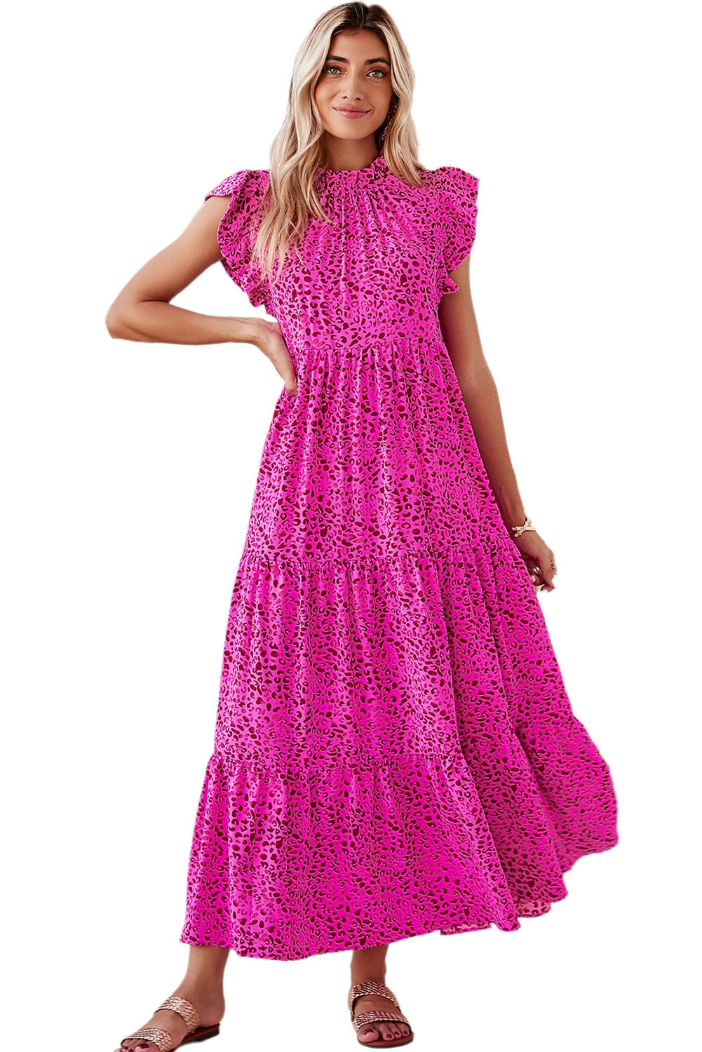 Rose Red Leopard Print Ruffle Sleeveless Maxi DressMaterial:100%Polyester



		The dress is designed with ruffle sleeves, which add a feminine and playful element to the garment.
	
	
		The dress is sleeveless, a