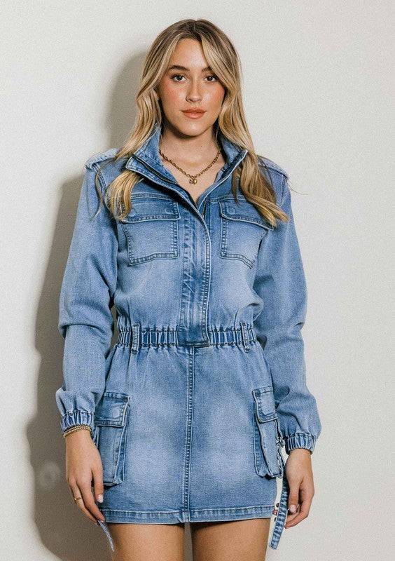 Long Sleeve Denim Romper SkirtIntroducing our Long Sleeve Denim Romper Skirt, a versatile and stylish piece for your wardrobe. This romper skirt combines the casual look of denim with the comfort