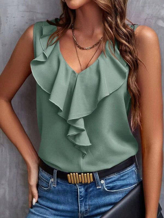 V-neck ruffle trip topV-neck ruffle trip topMade In: China