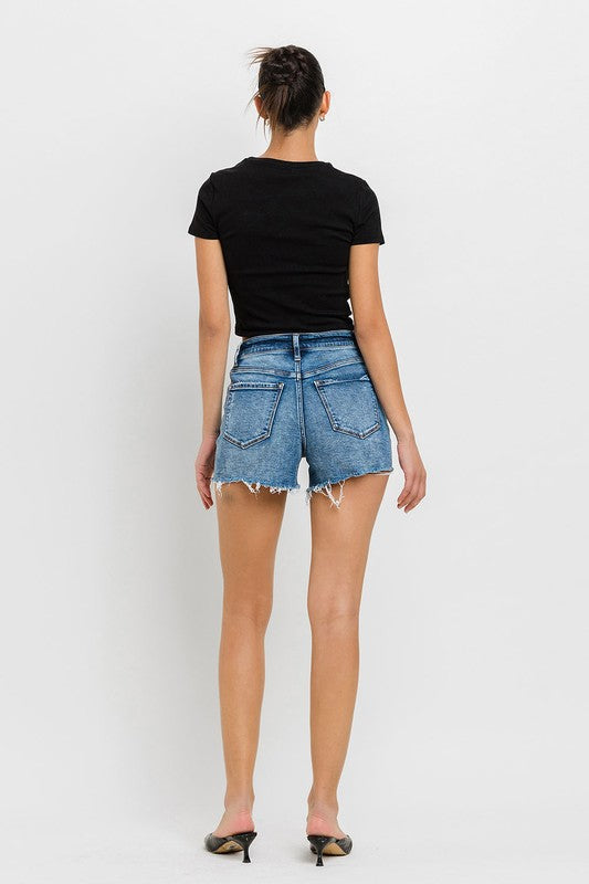 High Rise Raw Hem Denim ShortsIntroducing our High Rise Raw Hem Denim Shorts, crafted from comfortable stretch denim for a flattering fit and lasting comfort. Designed with a high-rise waist, the