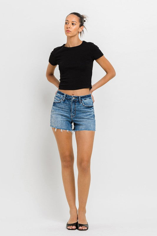 High Rise Raw Hem Denim ShortsIntroducing our High Rise Raw Hem Denim Shorts, crafted from comfortable stretch denim for a flattering fit and lasting comfort. Designed with a high-rise waist, the