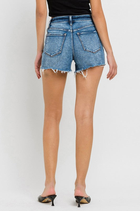 High Rise Raw Hem Denim ShortsIntroducing our High Rise Raw Hem Denim Shorts, crafted from comfortable stretch denim for a flattering fit and lasting comfort. Designed with a high-rise waist, the