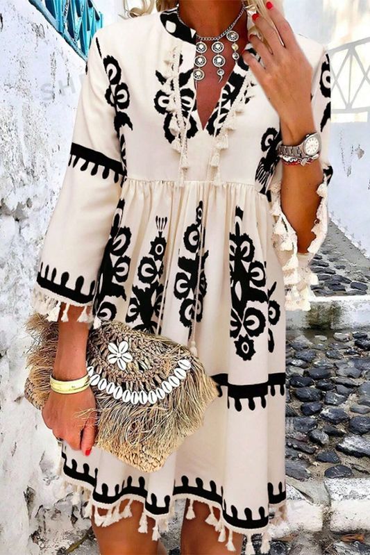 Beige Ethnic Print Notch V Neck Fringe Mini Dress