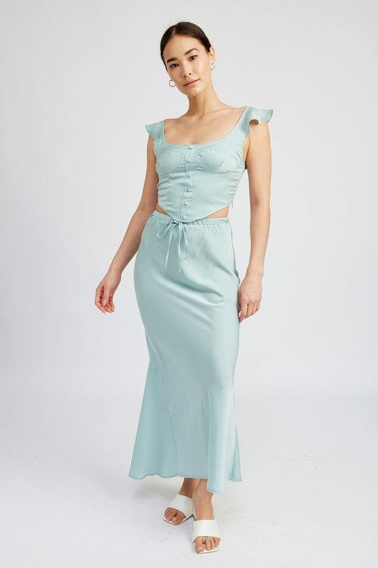 TIE FRONT SATIN MIDI SKIRTSIZE &amp; FIT :MODEL WEARS SIZE SMALLMODEL'S HEIGHT 5'9Made In: IMPORTEDFabric Contents: 100% POLYESTER