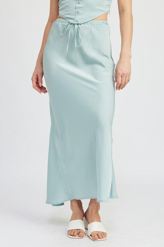 TIE FRONT SATIN MIDI SKIRTSIZE &amp; FIT :MODEL WEARS SIZE SMALLMODEL'S HEIGHT 5'9Made In: IMPORTEDFabric Contents: 100% POLYESTER