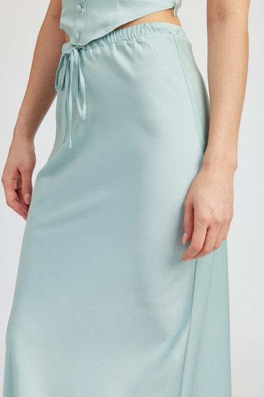 TIE FRONT SATIN MIDI SKIRTSIZE &amp; FIT :MODEL WEARS SIZE SMALLMODEL'S HEIGHT 5'9Made In: IMPORTEDFabric Contents: 100% POLYESTER