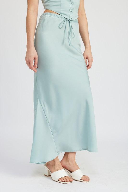 TIE FRONT SATIN MIDI SKIRTSIZE &amp; FIT :MODEL WEARS SIZE SMALLMODEL'S HEIGHT 5'9Made In: IMPORTEDFabric Contents: 100% POLYESTER