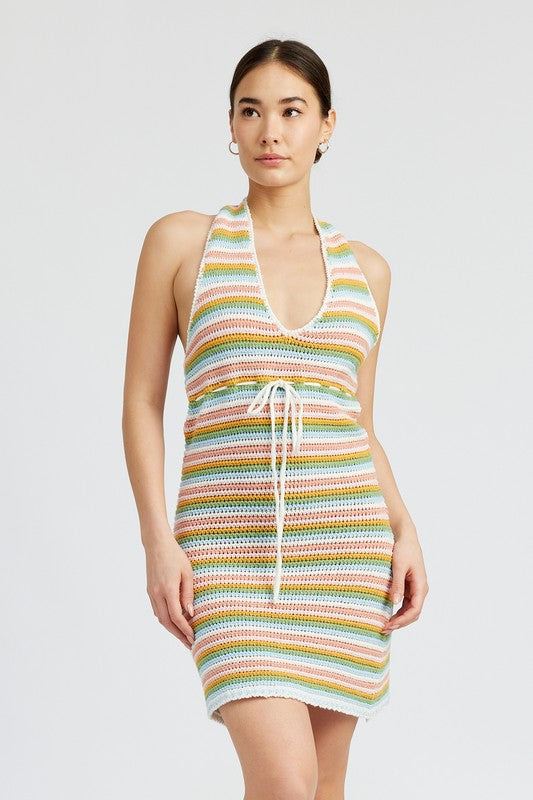 STRIPED CROCHET MINI DRESS WTIH HALTER NECKSIZE &amp; FIT :MODEL WEARS SIZE SMALLMODEL'S HEIGHT 5'9Made In: IMPORTEDFabric Contents: 30% ACRYLIC, 30% POLYESTER, 20% LYOCELL, 10% COTTON, 10% VISCOSE