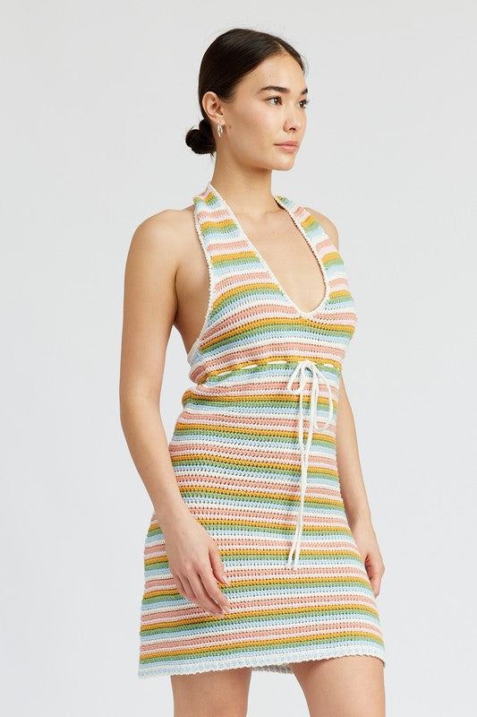 STRIPED CROCHET MINI DRESS WTIH HALTER NECKSIZE &amp; FIT :MODEL WEARS SIZE SMALLMODEL'S HEIGHT 5'9Made In: IMPORTEDFabric Contents: 30% ACRYLIC, 30% POLYESTER, 20% LYOCELL, 10% COTTON, 10% VISCOSE