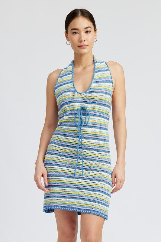 STRIPED CROCHET MINI DRESS WTIH HALTER NECKSIZE &amp; FIT :MODEL WEARS SIZE SMALLMODEL'S HEIGHT 5'9Made In: IMPORTEDFabric Contents: 30% ACRYLIC, 30% POLYESTER, 20% LYOCELL, 10% COTTON, 10% VISCOSE