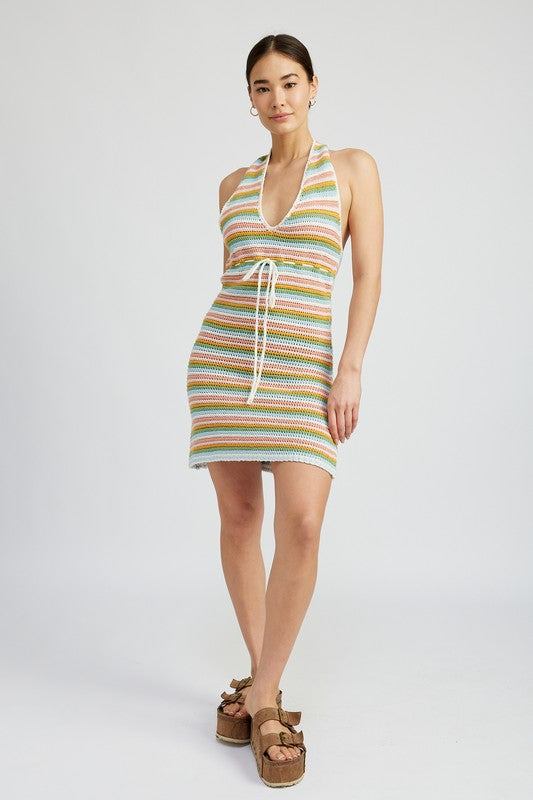 STRIPED CROCHET MINI DRESS WTIH HALTER NECKSIZE &amp; FIT :MODEL WEARS SIZE SMALLMODEL'S HEIGHT 5'9Made In: IMPORTEDFabric Contents: 30% ACRYLIC, 30% POLYESTER, 20% LYOCELL, 10% COTTON, 10% VISCOSE