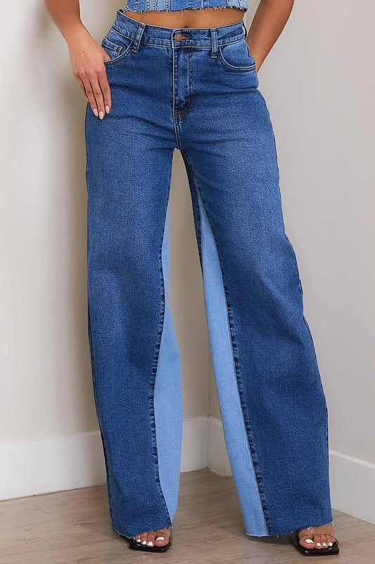 High-Rise Color Block Wide JeansIntroducing our High-Rise Color Block Wide Jeans, a bold and stylish addition to your denim collection. Crafted from stretch denim, these jeans offer both comfort an