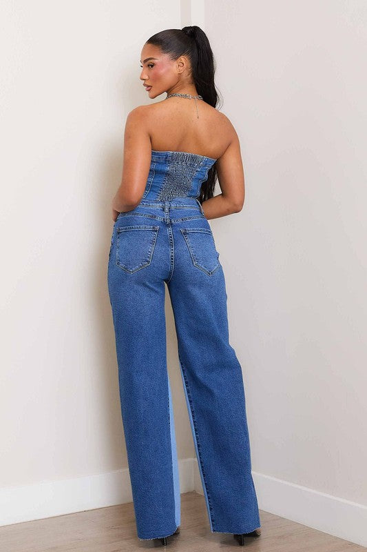 High-Rise Color Block Wide JeansIntroducing our High-Rise Color Block Wide Jeans, a bold and stylish addition to your denim collection. Crafted from stretch denim, these jeans offer both comfort an