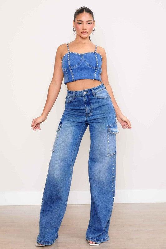 Pearl High-Rise Wide Leg Cargo JeansElevate your denim collection with our Pearl High-Rise Wide Leg Cargo Jeans. These jeans combine classic style with modern utility details for a chic and functional 