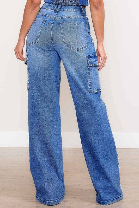 Pearl High-Rise Wide Leg Cargo JeansElevate your denim collection with our Pearl High-Rise Wide Leg Cargo Jeans. These jeans combine classic style with modern utility details for a chic and functional 