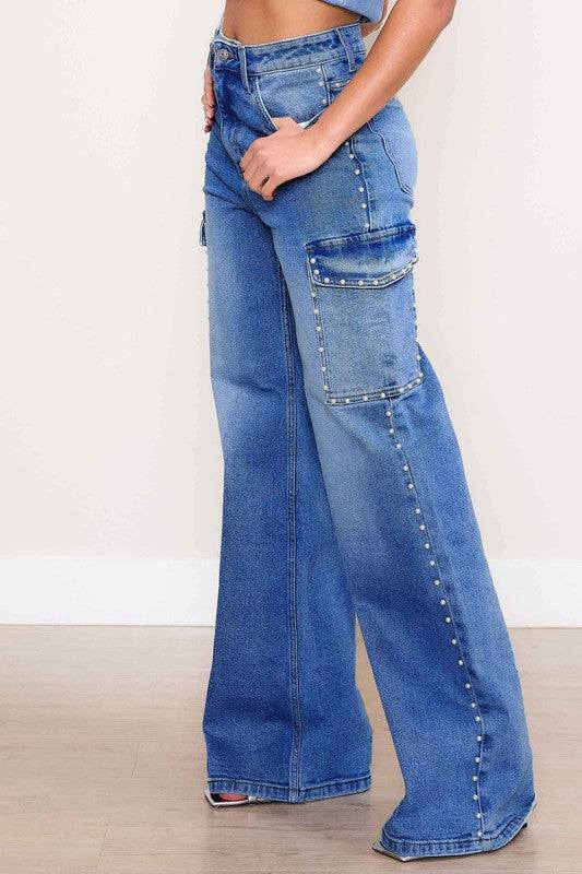 Pearl High-Rise Wide Leg Cargo JeansElevate your denim collection with our Pearl High-Rise Wide Leg Cargo Jeans. These jeans combine classic style with modern utility details for a chic and functional 