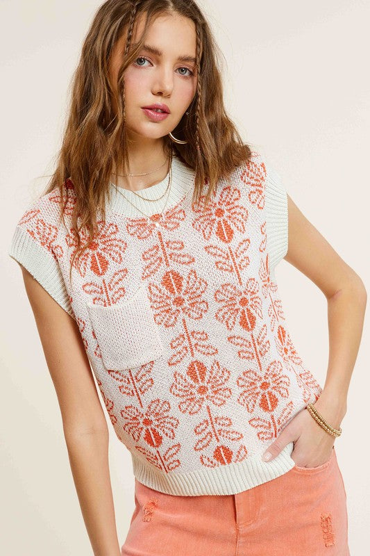 Flower Pattern Sleeveless Sweater TopLovely, super cool and versatile style. Flower pattern with front pocket makes this piece extra stylish. So cozy with sleeveless ease, this classic sweater vest is a