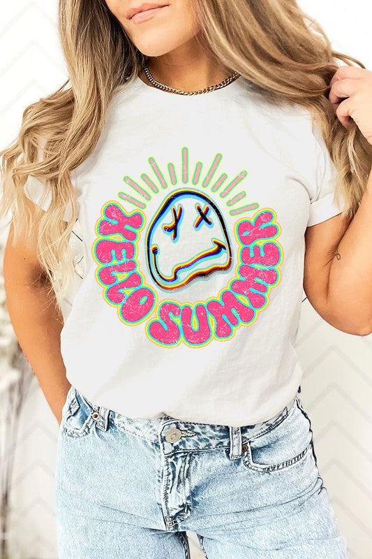 Hello Summer Neon Face Beach Graphic T ShirtsHello Summer Neon Face Beach Graphic T Shirts.Unisex Crew Neck Short Sleeve Tees.Crafted from premium materials, tailored to your lifestyle, ensuring a comfortable f