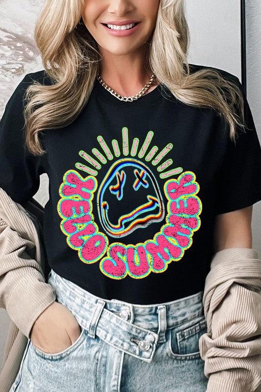 Hello Summer Neon Face Beach Graphic T ShirtsHello Summer Neon Face Beach Graphic T Shirts.Unisex Crew Neck Short Sleeve Tees.Crafted from premium materials, tailored to your lifestyle, ensuring a comfortable f