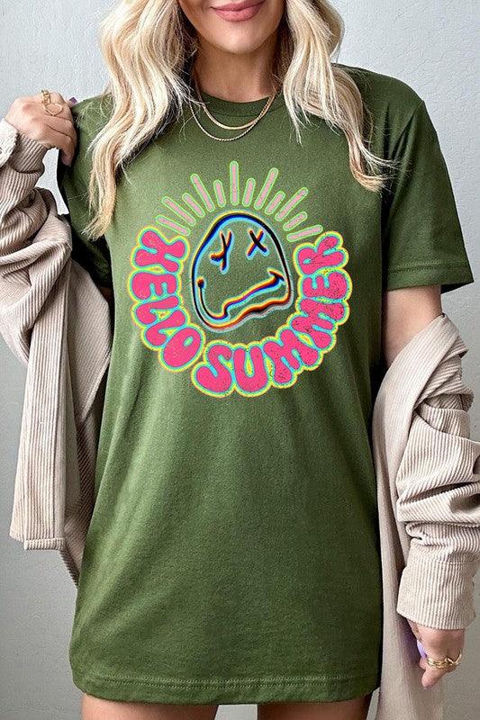 Hello Summer Neon Face Beach Graphic T ShirtsHello Summer Neon Face Beach Graphic T Shirts.Unisex Crew Neck Short Sleeve Tees.Crafted from premium materials, tailored to your lifestyle, ensuring a comfortable f