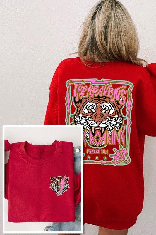 Tiger Front Back Graphic Fleece SweatshirtsHeavens Roaring Tiger Psalm 19:1 Front And Back Graphic Fleece Sweatshirts.Unisex Crew Neck Long Sleeve Sweaters Knits.Crafted from premium materials, tailored to yo