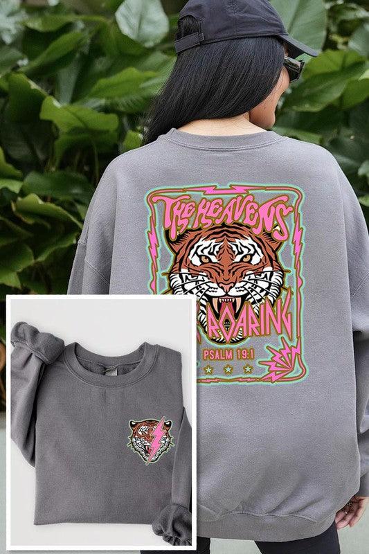 Tiger Front Back Graphic Fleece SweatshirtsHeavens Roaring Tiger Psalm 19:1 Front And Back Graphic Fleece Sweatshirts.Unisex Crew Neck Long Sleeve Sweaters Knits.Crafted from premium materials, tailored to yo