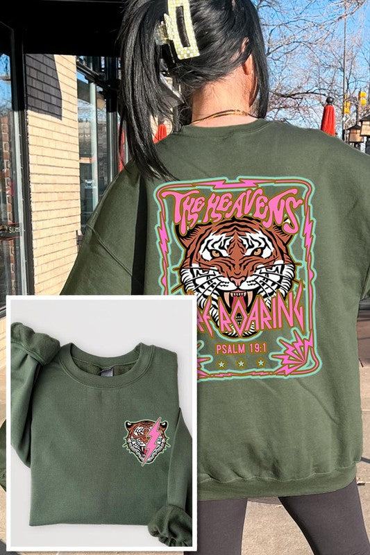 Tiger Front Back Graphic Fleece SweatshirtsHeavens Roaring Tiger Psalm 19:1 Front And Back Graphic Fleece Sweatshirts.Unisex Crew Neck Long Sleeve Sweaters Knits.Crafted from premium materials, tailored to yo