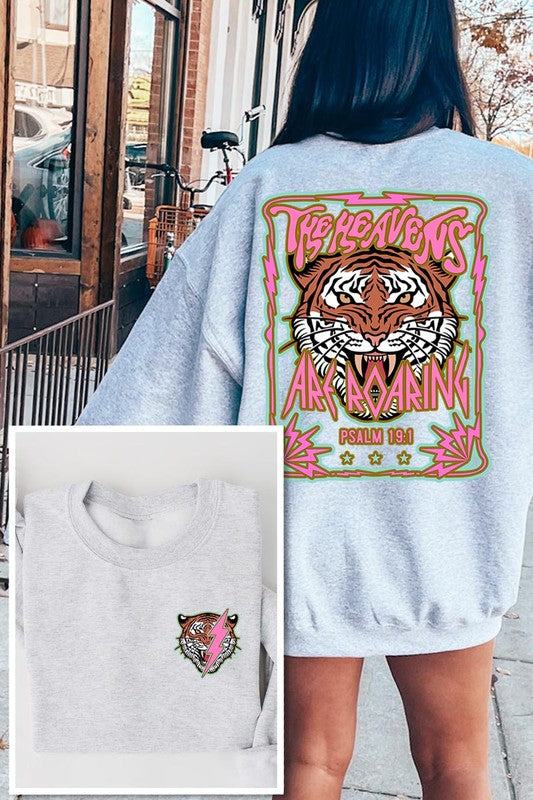 Tiger Front Back Graphic Fleece SweatshirtsHeavens Roaring Tiger Psalm 19:1 Front And Back Graphic Fleece Sweatshirts.Unisex Crew Neck Long Sleeve Sweaters Knits.Crafted from premium materials, tailored to yo