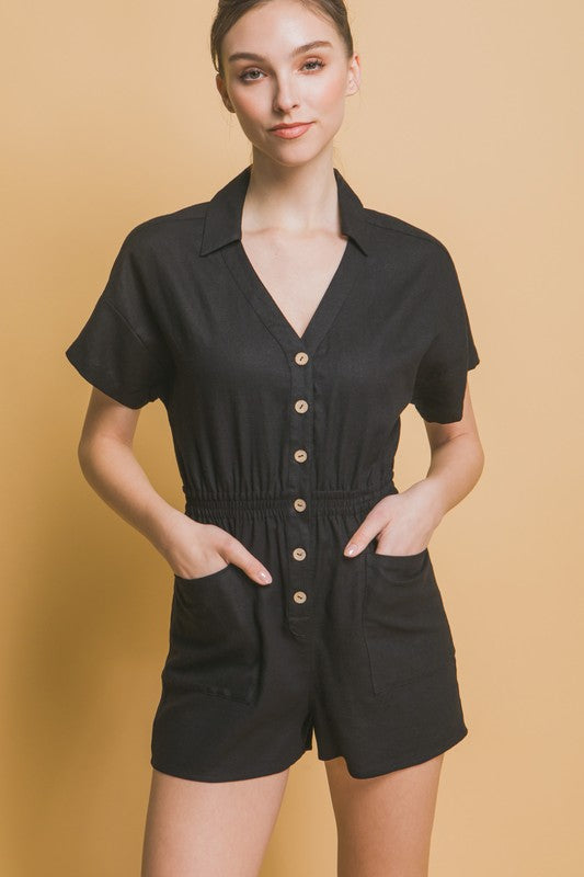 Linen Button Down RomperThe Linen Button Down Romper combines casual comfort with chic style, making it a versatile addition to your wardrobe. Crafted from breathable linen fabric, this rom