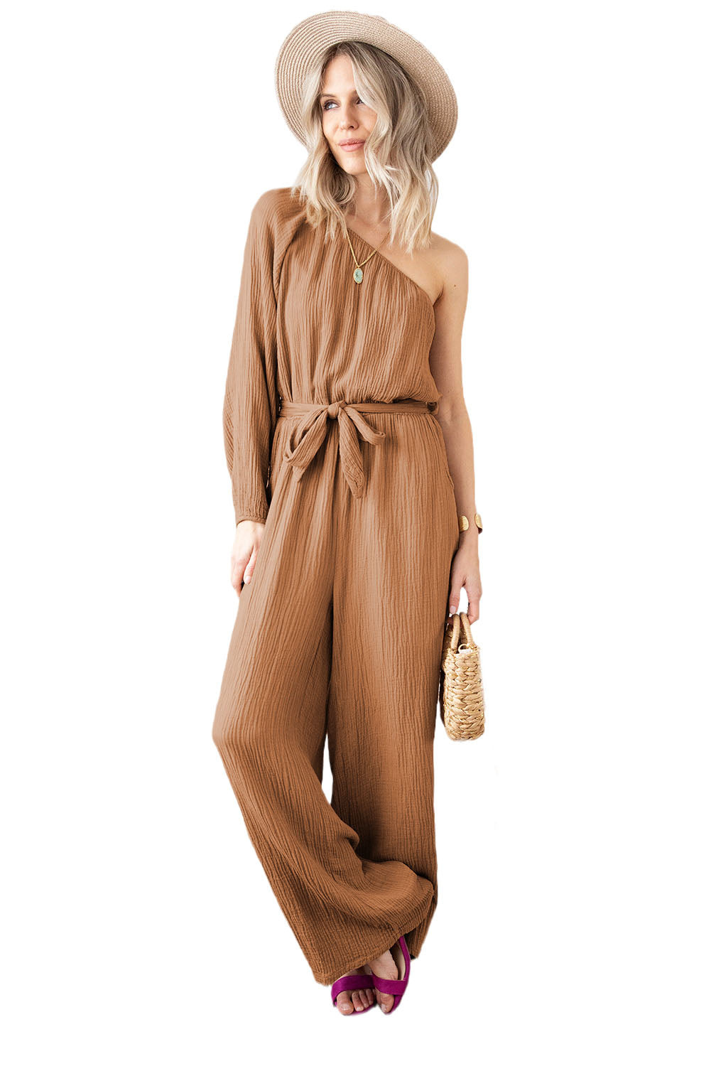 Khaki Crinkled Texture One Shoulder Loose JumpsuitMaterial:100%Cotton


	


		Turn heads with confidence in this flirty one-shoulder jumpsuit designed for women. 
	
	
		Crafted from lightweight and flowy mate