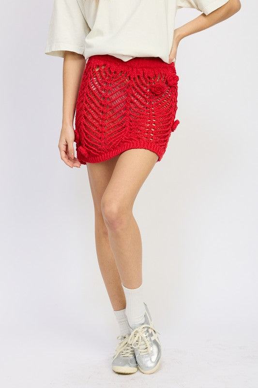 CROCHET MINI SKIRT WTIH ROSETTE DETAILSIZE &amp; FIT :MODEL WEARS SIZE SMALLMODEL'S HEIGHT 5'9Made In: IMPORTEDFabric Contents: 100% POLYESTER