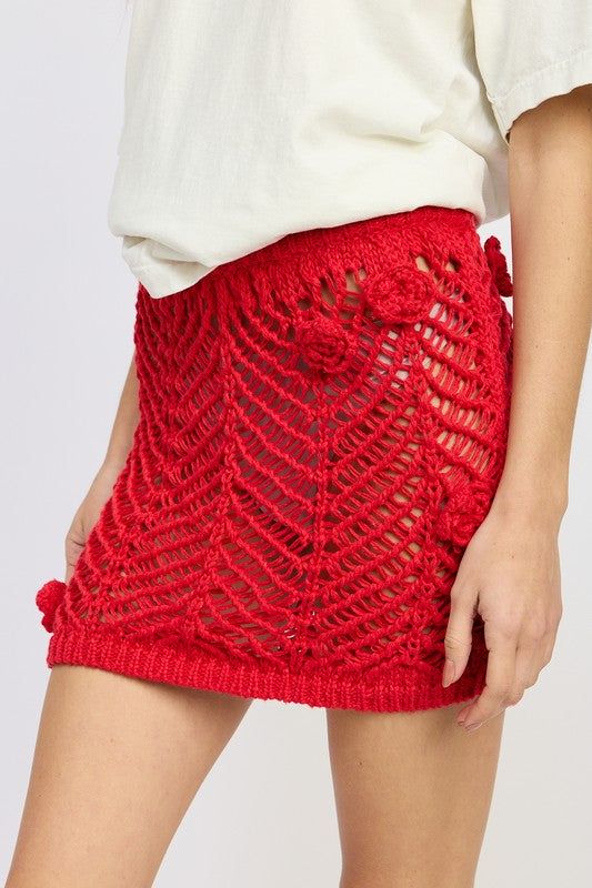 CROCHET MINI SKIRT WTIH ROSETTE DETAILSIZE &amp; FIT :MODEL WEARS SIZE SMALLMODEL'S HEIGHT 5'9Made In: IMPORTEDFabric Contents: 100% POLYESTER