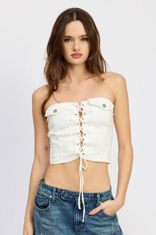 LACE UP CORSET BUSTIER TOPSIZE &amp; FIT :MODEL WEARS SIZE SMALLMODEL'S HEIGHT 5'9Made In: IMPORTEDFabric Contents: 95% COTTON, 5% SPANDEX