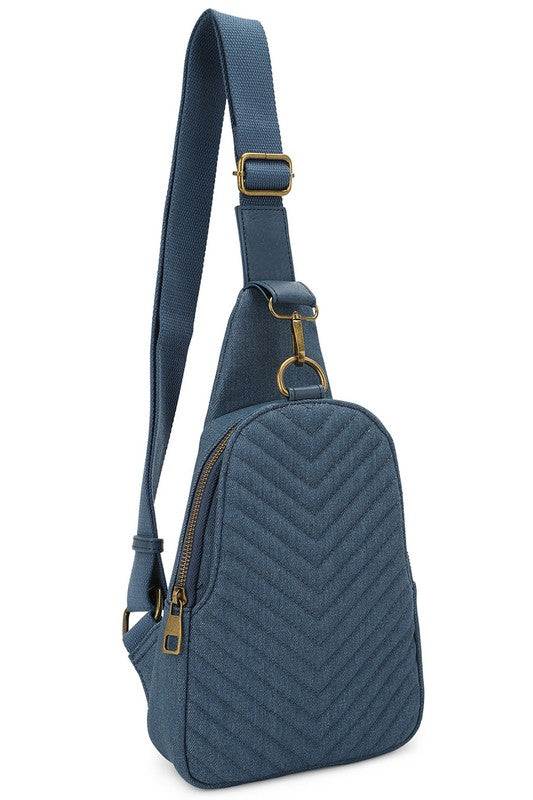 Chevron Quilted Denim Sling BagChevron Quilted Denim Sling Bag Denim canvas Faux vegan leather Zip top closure Antique Gold-tone hardware Adjustable shoulder strap L 7.5 * H 12.5 * W 3