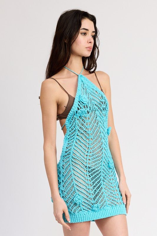 HALTER NECK CROCHET DRESS WITH FLOWER DETAILSIZE &amp; FIT :MODEL WEARS SIZE SMALLMODEL'S HEIGHT 5'9Made In: IMPORTEDFabric Contents: 100% POLYESTER