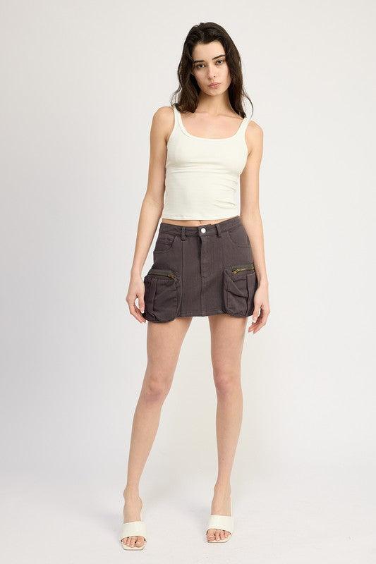 CARGO MINI SKIRTSIZE &amp; FIT :MODEL WEARS SIZE SMALLMODEL'S HEIGHT 5'9Made In: IMPORTEDFabric Contents: 100% COTTON