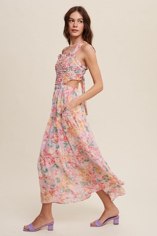 Floral Bubble Textured Two-Piece Style Maxi DressThe Floral Bubble Textured Two-Piece Style Maxi Dress is a charming ensemble that exudes femininity and sophistication. Crafted from chiffon, the maxi dress features